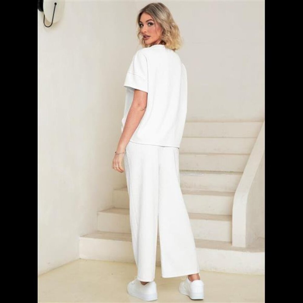 Womens 2 Piece Lounge Sets Short Sleeve Loose Fit Top and Wide Leg Pants Set - Picture 3 of 7
